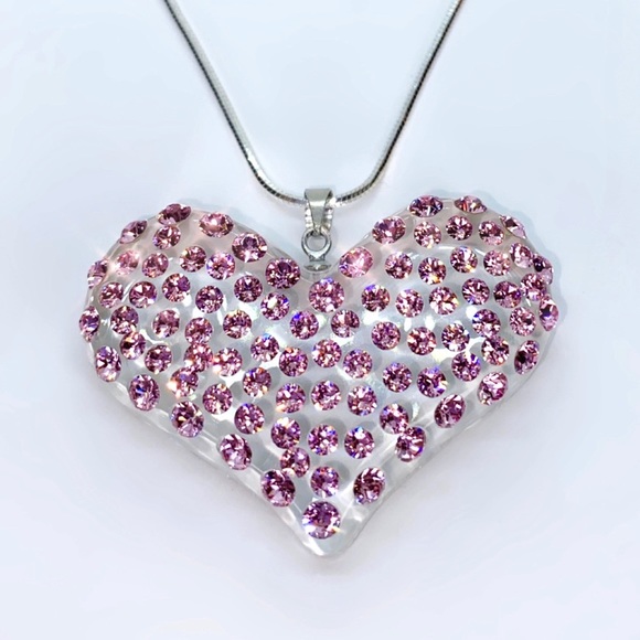 Pink Acrylic Heart Necklace Embellished With Genuine “Crystal Stone Elements” - Picture 1 of 13